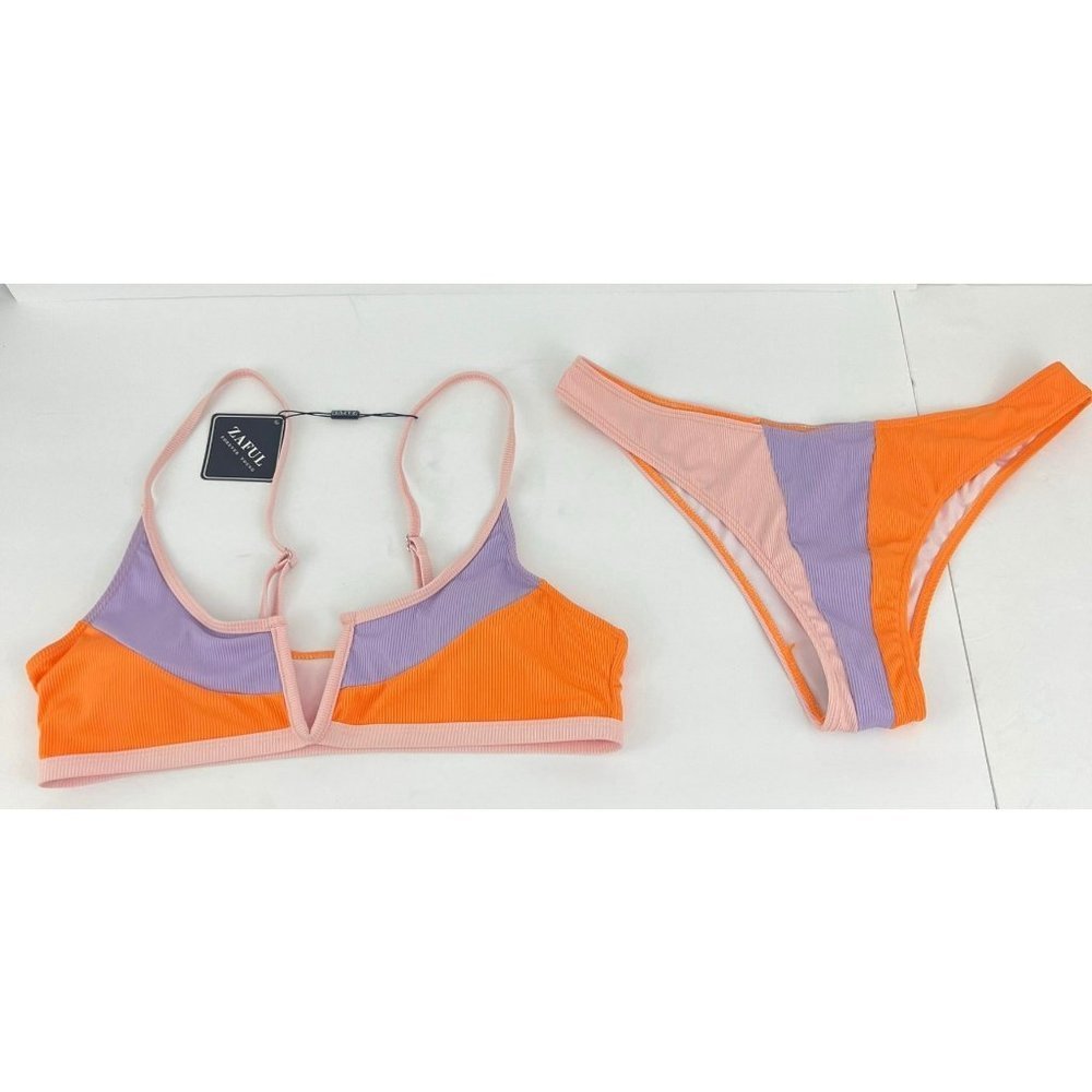Zaful Ribbed Color Block V-Wired Top Bikini Swimsuit L 8  NWT